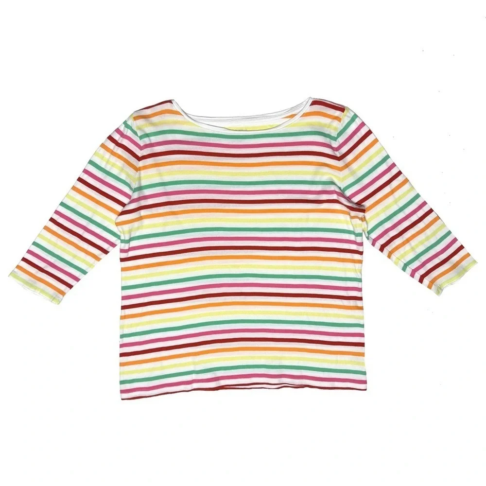 Talbots Womens Cotton Bateau Neck Sonora Stripe 3/4 Sleeve Tee Colorful Size XL - Picture 5 of 9